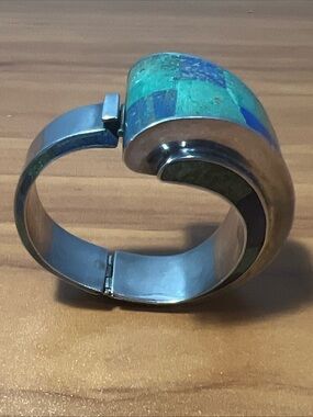 VTG Los Castillo Sterling Silver "Mosaico Azteca" hinged bracelet Taxco Mexico